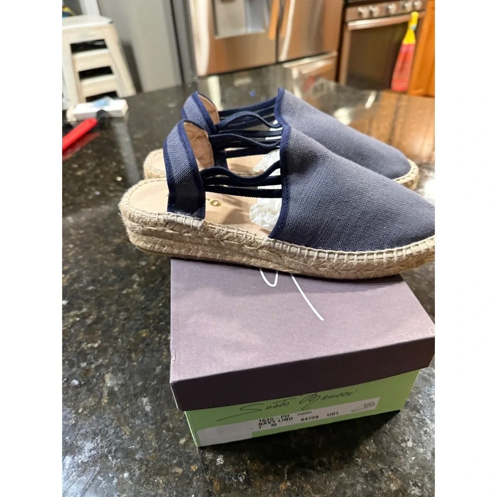 Sesto Meucci Lino Espadrille Sandals Women 8 Navy Blue Linen Made in Spain NIB